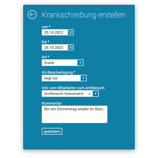 Screenshot der Funktion Krankschreibung erstellen in askDANTE. Mit Feldern für Zeitraum, Art der Krankschreibung, AU-Bescheinigung und Kommentarfeld.