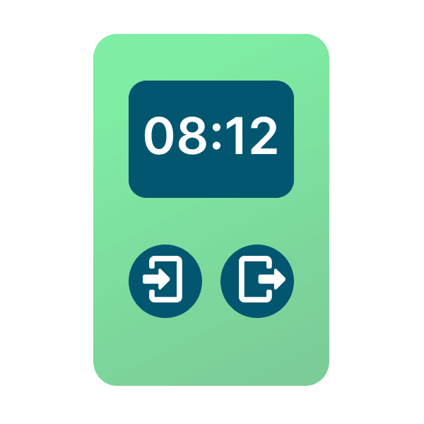 askDANTE Terminal mit Kommen- und Gehen-Button zum Erfassen von Arbeitszeiten und Pausen als Illustration dargestellt.