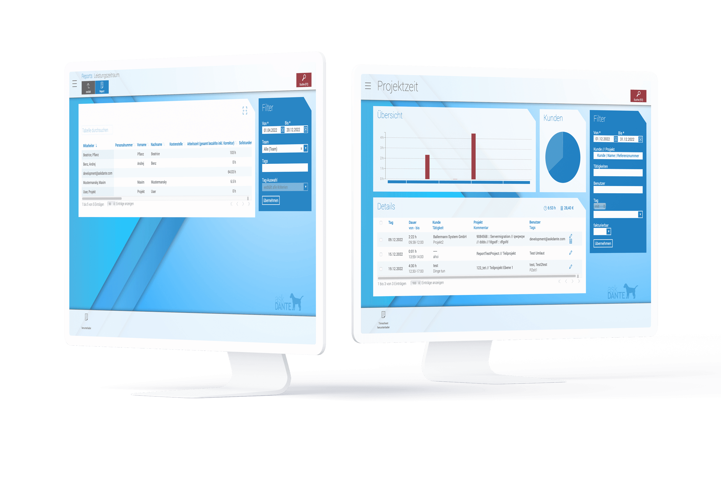 Device mit zwei Monitoren, die Screenshots mit Auswertung erfasster Arbeits- und Projektzeiten zeigen.