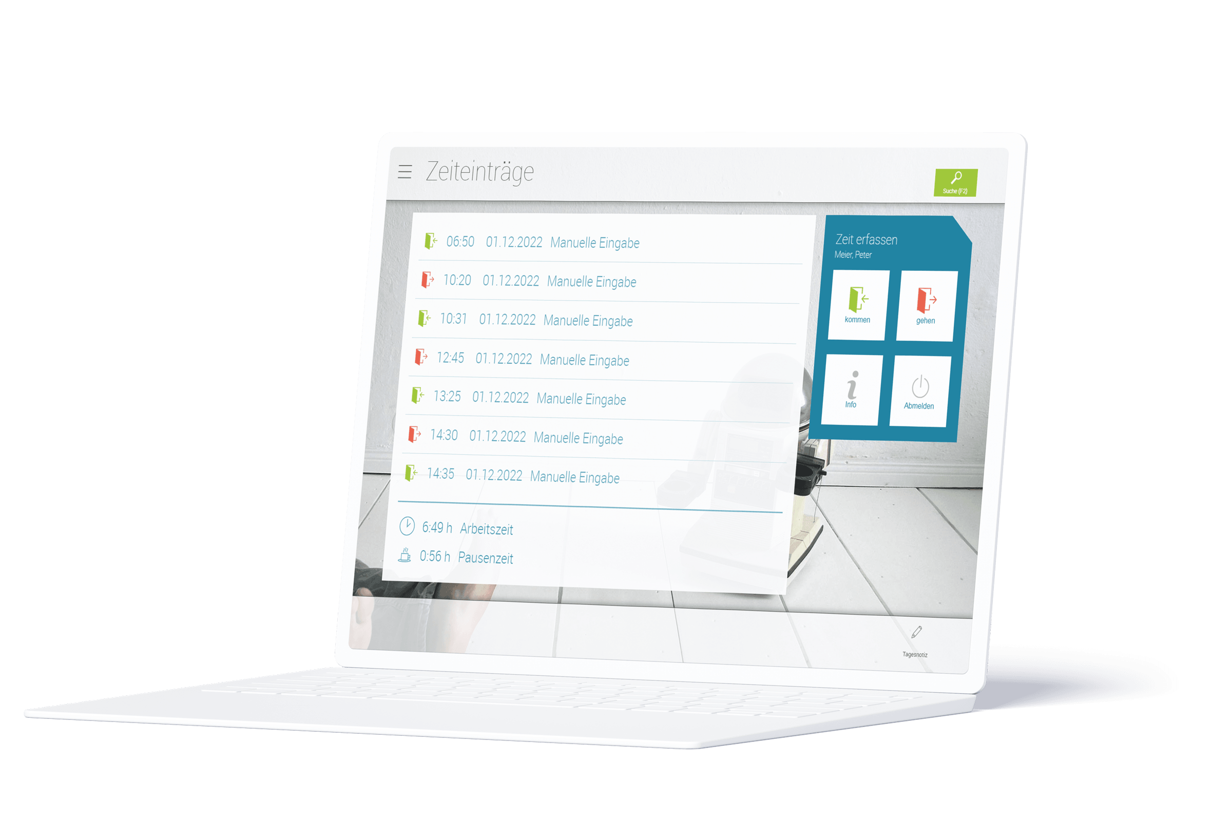 Laptop Device mit virtuellem Terminal, das die Zeiterfassung am PC in askDANTE zeigt.