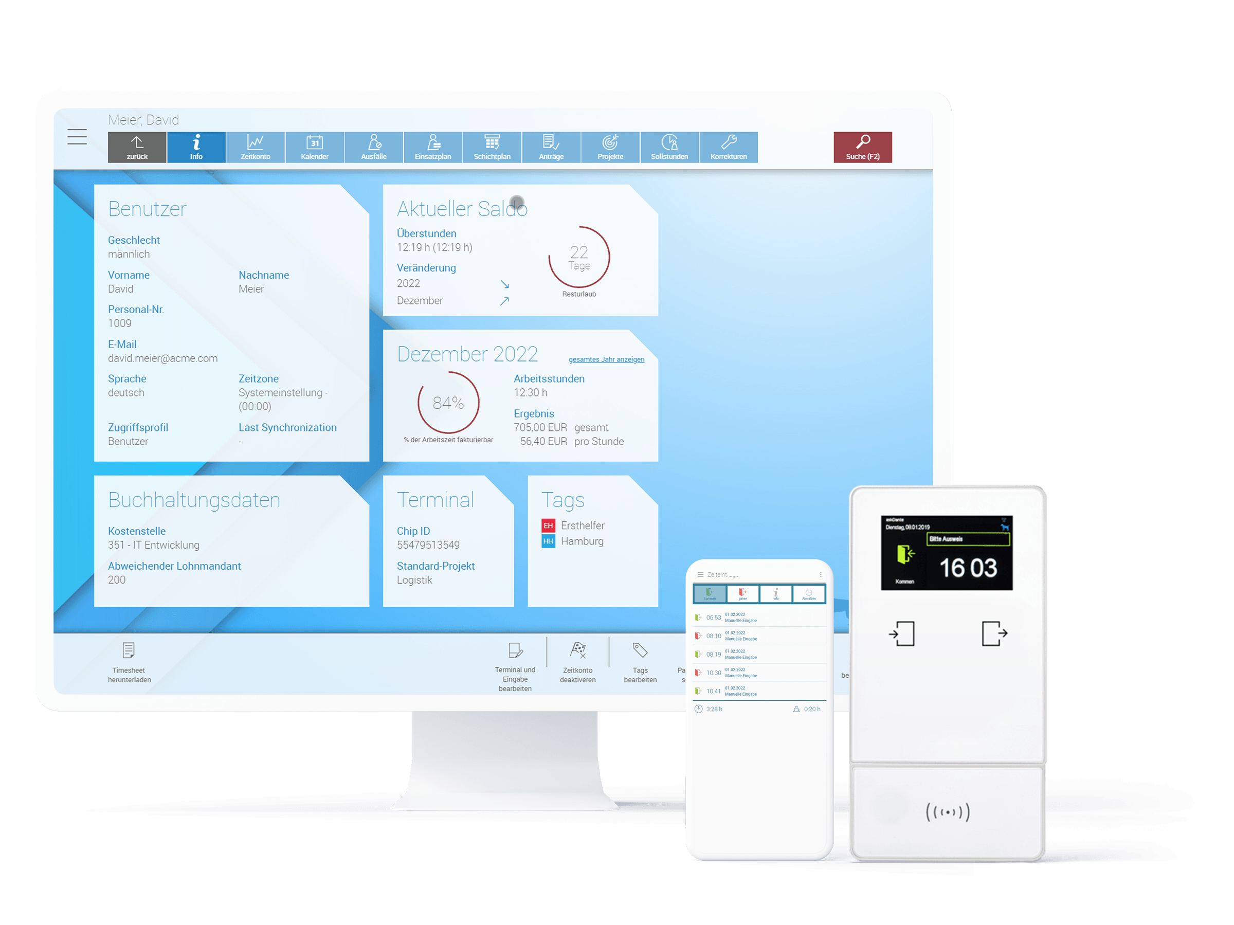 Device-Zusammenstellung zum Thema Zeiterfassung, die askDANTE Arbeitszeitkonto und virtuelles Terminal auf Monitor, Smartphone und Terminal zeigt.