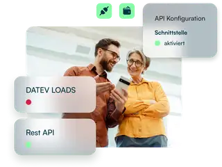 Headergrafik Lohnanbindung zwei Personaler im Gespräch mit Softwarebits Datev LODAS und Restapi.