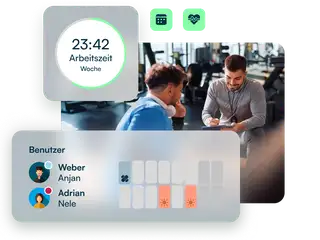 Header zeigt zwei Männer im Fintnessstudio, die einen Vertrag durchgehen und von Toolbits aus der askDANTE Zeiterfassung umgeben sind.