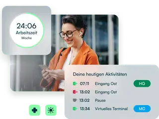 Grafik zeigt eine Frau am Smartphone, das von Elementen aus der askDANTE Zeiterfassung-App umringt ist.