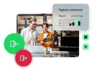 Header zeigt einen Mitarbeiter und eine Mitarbeiterin eines Cafés hinter dem Tresen die gemeinsam auf ein Tablet schauen und von Toolbits aus der askDANTE Zeiterfassung umgeben sind.