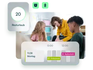 Grafik zeigt eine Erzieherin mit zwei Kindern die von Toolbits aus askDANTE umgeben ist.