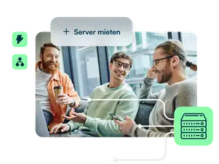 Grafik zeigt drei Männer auf einer Couch, die vor einem sitzen und von Toolbits zum Thema exklusiver Server umgeben sind.