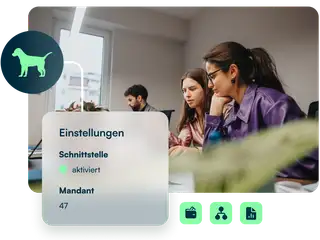 Grafik zeigt drei an Schreibtischen sitzende Mitarbeiter, die von Toolbits aus den askDANTE Schnittstellen umgeben sind.