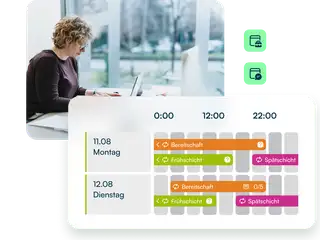 headerbild zeigt eine mitarbeiterin am laptop die von toolbits aus dem digitalen dienstplaner umringt ist auf weiss