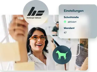 headergrafik zeigt personalerin im office, die an einer glaswand schreibt. im vordergrund sind softwaredarstellungen aus askdante zur hs schnittstelle.