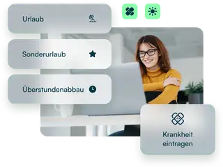 Headergrafik Abwesenheiten mit Personalerin am PC und Softwareausschnitten aus askDANTE.