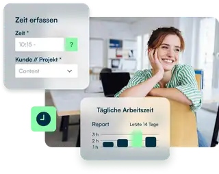 Lächelnde Mitarbeitern von vorne sitzt falschherum auf einem Stuhl und ist von Toolbits aus der digitalen Zeiterfassung für Startups umgeben