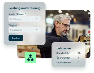 Mitarbeiter in einer Produktionshalle ist von Toolbits aus der digitalen Zeiterfassung für die Produktion und Industrie umgeben.