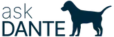 askDANTE Logo in dunkelblau mit Schriftzug und Hund.