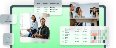 Grafik zeigt einen grünen Screen, auf dem zwei Bilder von Mitarbeitern im Büro und Toolbits aus der Zeiterfassung Software abgebildet sind.