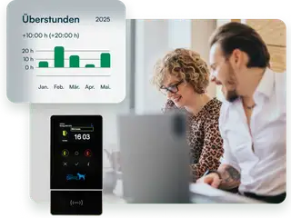 headerbild zeigt zwei mitarbeiter mit laptop und zeiterfassungsterminal